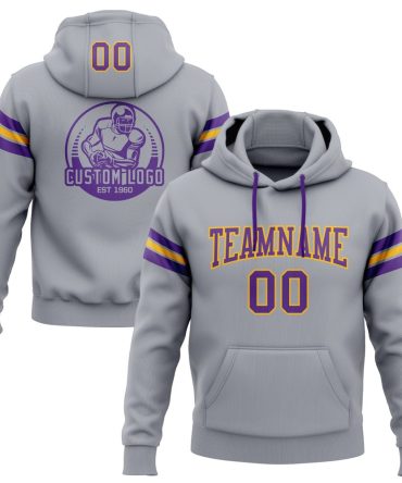 Custom Gray Purple-Gold Football Pullover Sweatshirt Hoodie, Gift For Football, Baseball, Hockey, Basketball, Softball & Rugby Fans