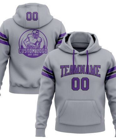 Custom Gray Purple-Black Football Pullover Sweatshirt Hoodie, Gift For Football, Baseball, Hockey, Basketball, Softball & Rugby Fans