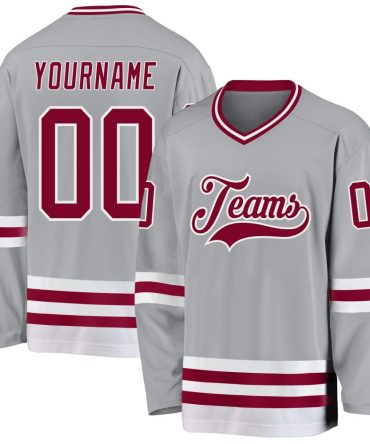 Custom Gray Maroon-White Hockey Jersey, Gift For Hockey Fans