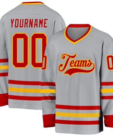 Custom Gray Red-Gold Hockey Jersey, Gift For Hockey Fans