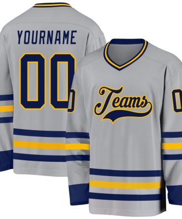 Custom Gray Navy-Gold Hockey Jersey, Gift For Hockey Fans