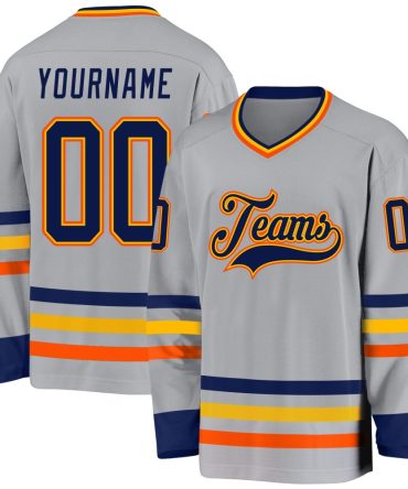 Custom Gray Navy Gold-Orange Hockey Jersey, Gift For Hockey Fans