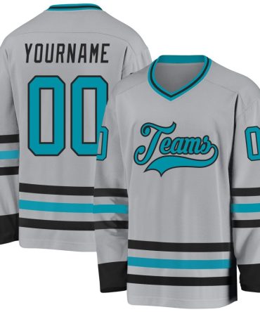 Custom Gray Teal-Black Hockey Jersey, Gift For Hockey Fans