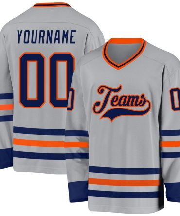 Custom Gray Navy-Orange Hockey Jersey, Gift For Hockey Fans