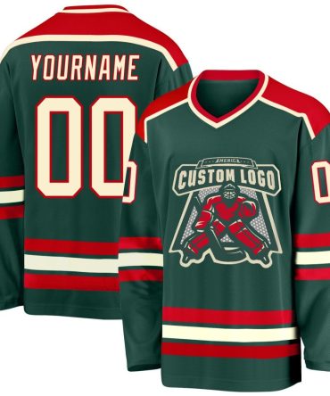 Custom Green Cream-Red Hockey Jersey, Gift For Hockey Fans