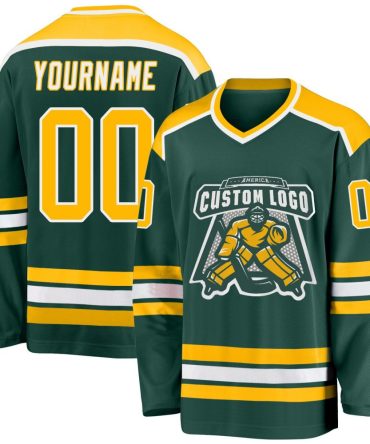 Custom Green Gold-White Hockey Jersey, Gift For Hockey Fans