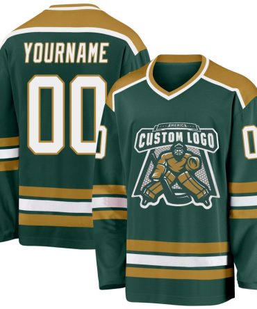 Custom Green White-Old Gold Hockey Jersey, Gift For Hockey Fans