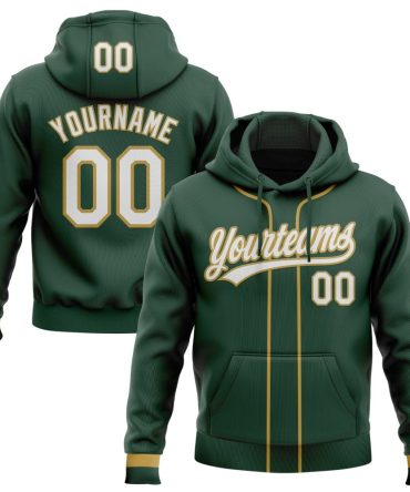 Custom Green White-Old Gold Baseball Pullover Sweatshirt Hoodie, Gift For Football, Baseball, Hockey, Basketball, Softball & Rugby Fans