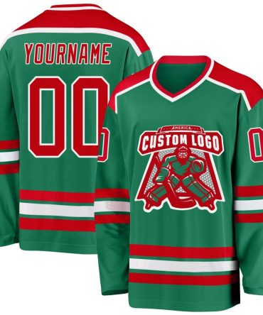 Custom Kelly Green Red-White Hockey Jersey, Gift For Hockey Fans
