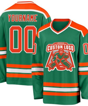 Custom Kelly Green Orange-White Hockey Jersey, Gift For Hockey Fans