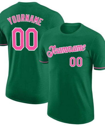 Custom Kelly Green Pink-White Performance T-Shirt, For Football, Baseball, Hockey, Basketball, Softball & Rugby Fans