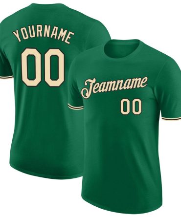 Custom Kelly Green Cream-Black Performance T-Shirt, For Football, Baseball, Hockey, Basketball, Softball & Rugby Fans