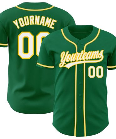 Custom Kelly Green White-Gold Baseball Jersey, Gift For Baseball Fans