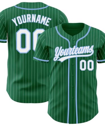 Custom Kelly Green White Pinstripe Light Blue Baseball Jersey, Gift For Baseball Fans
