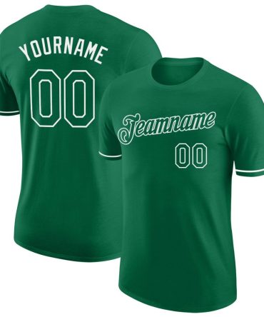 Custom Kelly Green White Performance T-Shirt, For Football, Baseball, Hockey, Basketball, Softball & Rugby Fans