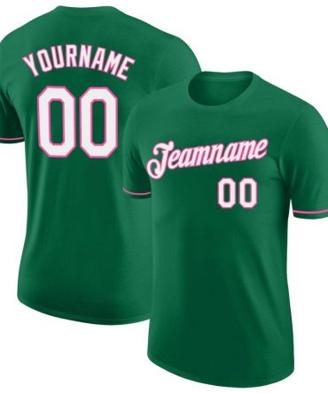 Custom Kelly Green White-Pink Performance T-Shirt, For Football, Baseball, Hockey, Basketball, Softball & Rugby Fans
