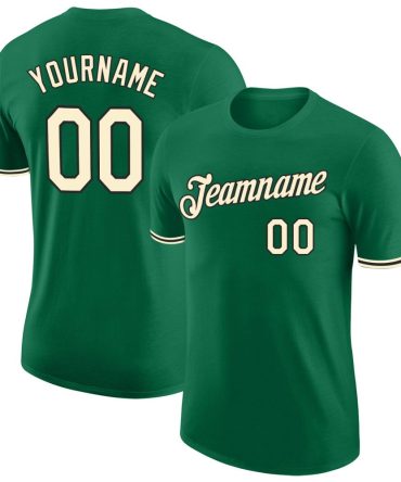 Custom Kelly Green Cream-Black Performance T-Shirt, For Football, Baseball, Hockey, Basketball, Softball & Rugby Fans