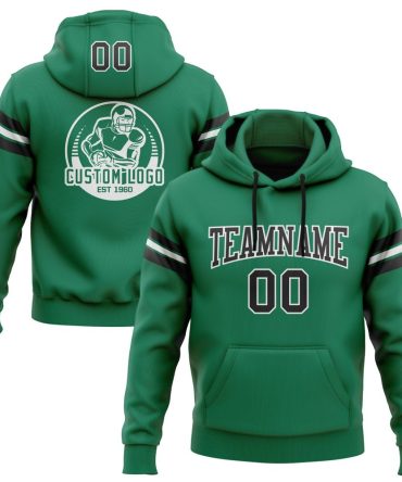 Custom Kelly Green Black-White Football Pullover Sweatshirt Hoodie, Gift For Football, Baseball, Hockey, Basketball, Softball & Rugby Fans