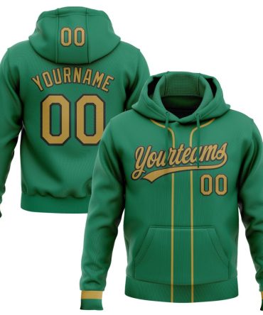 Custom Kelly Green Old Gold-Black Baseball Pullover Sweatshirt Hoodie, Gift For Football, Baseball, Hockey, Basketball, Softball & Rugby Fans