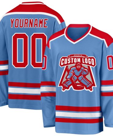 Custom Light Blue Red-White Hockey Jersey, Gift For Hockey Fans