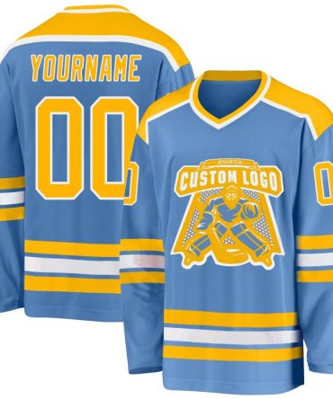 Custom Light Blue Gold-White Hockey Jersey, Gift For Hockey Fans