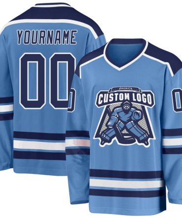 Custom Light Blue Navy-White Hockey Jersey, Gift For Hockey Fans