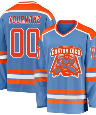 Custom Light Blue Orange-White Hockey Jersey, Gift For Hockey Fans