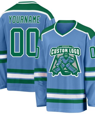 Custom Light Blue Kelly Green-White Hockey Jersey, Gift For Hockey Fans