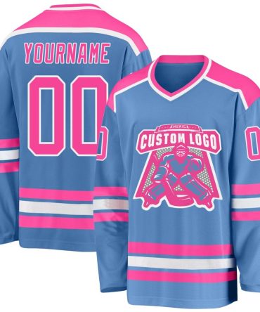 Custom Light Blue Pink-White Hockey Jersey, Gift For Hockey Fans