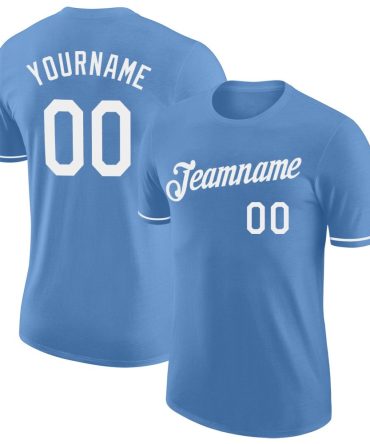 Custom Light Blue White Performance T-Shirt, For Football, Baseball, Hockey, Basketball, Softball & Rugby Fans