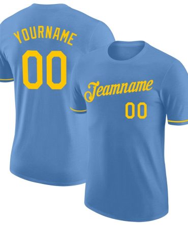 Custom Light Blue Gold Performance T-Shirt, For Football, Baseball, Hockey, Basketball, Softball & Rugby Fans