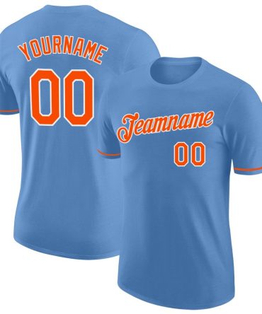 Custom Light Blue Orange-White Performance T-Shirt, For Football, Baseball, Hockey, Basketball, Softball & Rugby Fans