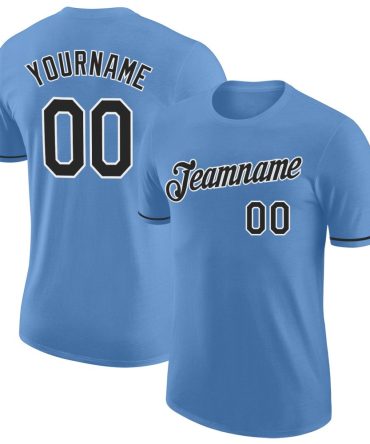 Custom Light Blue Black-White Performance T-Shirt, For Football, Baseball, Hockey, Basketball, Softball & Rugby Fans