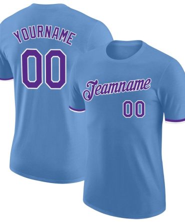 Custom Light Blue Purple-White Performance T-Shirt, For Football, Baseball, Hockey, Basketball, Softball & Rugby Fans