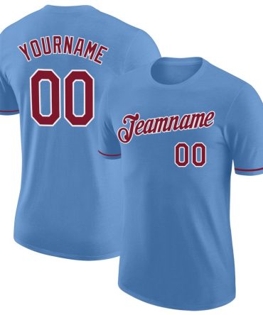 Custom Light Blue Crimson-White Performance T-Shirt, For Football, Baseball, Hockey, Basketball, Softball & Rugby Fans