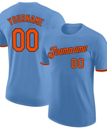 Custom Light Blue Orange-Black Performance T-Shirt, For Football, Baseball, Hockey, Basketball, Softball & Rugby Fans
