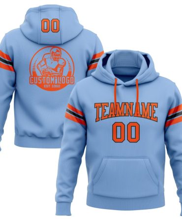 Custom Light Blue Orange-Black Football Pullover Sweatshirt Hoodie, Gift For Football, Baseball, Hockey, Basketball, Softball & Rugby Fans
