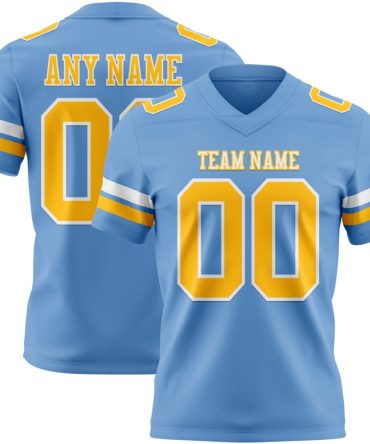Custom Light Blue Gold-White Authentic Football Jersey, Gift For Football Fans