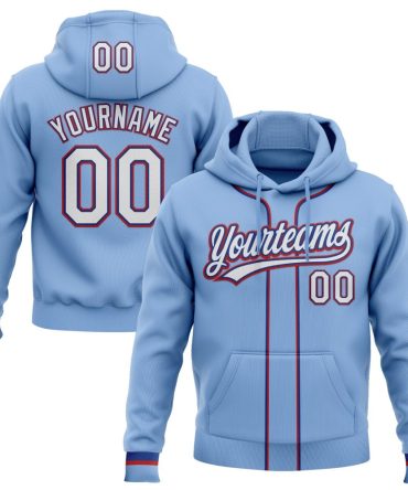 Custom Light Blue White Royal-Red Baseball Pullover Sweatshirt Hoodie, Gift For Football, Baseball, Hockey, Basketball, Softball & Rugby Fans