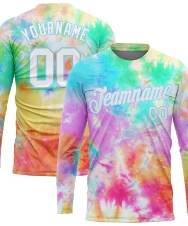 Custom Tie Dye White-Light Blue Rainbow 3D Long Sleeve Performance T-Shirt, For Football, Baseball, Hockey, Basketball, Softball & Rugby Fans