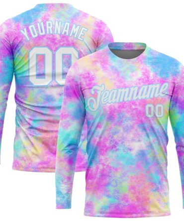 Custom Tie Dye White-Light Blue Watercolor Gradient 3D Long Sleeve Performance T-Shirt, For Football, Baseball, Hockey, Basketball, Softball & Rugby Fans