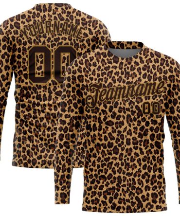 Custom Brown Brown-Old Gold Leopard 3D Pattern Long Sleeve Performance T-Shirt, For Football, Baseball, Hockey, Basketball, Softball & Rugby Fans