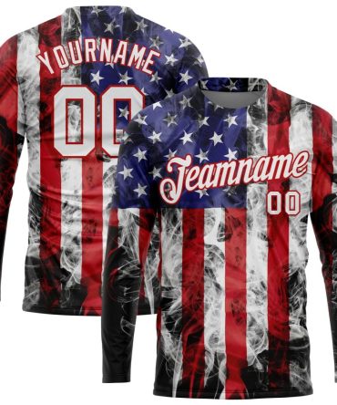 Custom White White Red-Royal American Flag Fashion 3D Long Sleeve Performance T-Shirt, For Football, Baseball, Hockey, Basketball, Softball & Rugby Fans