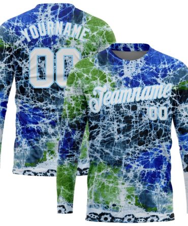 Custom Tie Dye White-Light Blue Abstract Art 3D Long Sleeve Performance T-Shirt, For Football, Baseball, Hockey, Basketball, Softball & Rugby Fans