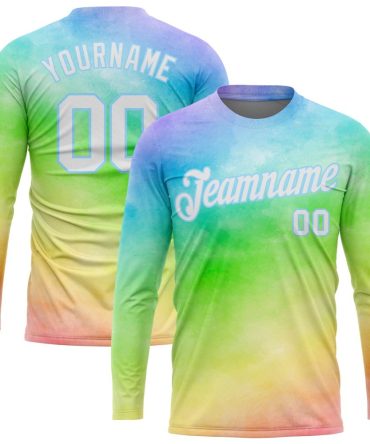 Custom Tie Dye White-Light Blue Rainbow 3D Long Sleeve Performance T-Shirt, For Football, Baseball, Hockey, Basketball, Softball & Rugby Fans