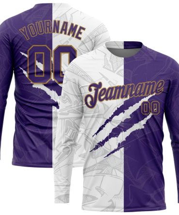 Custom Graffiti Pattern Purple-Old Gold Scratch 3D Long Sleeve Performance T-Shirt, For Football, Baseball, Hockey, Basketball, Softball & Rugby Fans