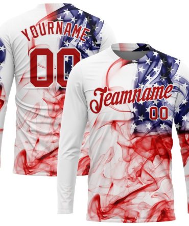 Custom White Red-Royal American Flag Fashion 3D Long Sleeve Performance T-Shirt, For Football, Baseball, Hockey, Basketball, Softball & Rugby Fans