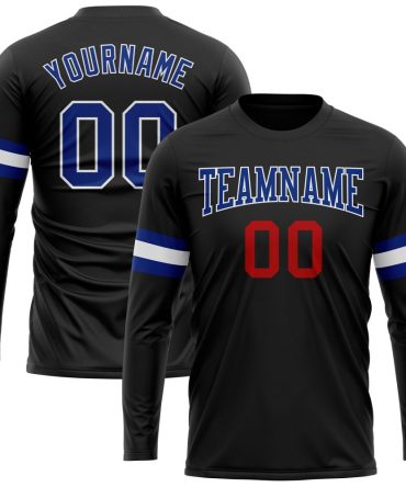 Custom Black Royal Red-White Long Sleeve Performance T-Shirt, For Football, Baseball, Hockey, Basketball, Softball & Rugby Fans