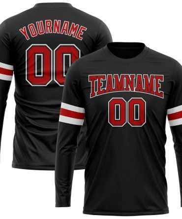 Custom Black Red-White Long Sleeve Performance T-Shirt, For Football, Baseball, Hockey, Basketball, Softball & Rugby Fans