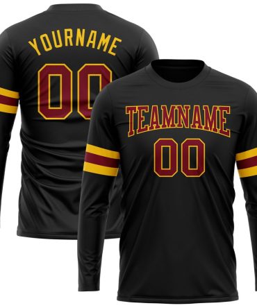 Custom Black Maroon-Gold Long Sleeve Performance T-Shirt, For Football, Baseball, Hockey, Basketball, Softball & Rugby Fans